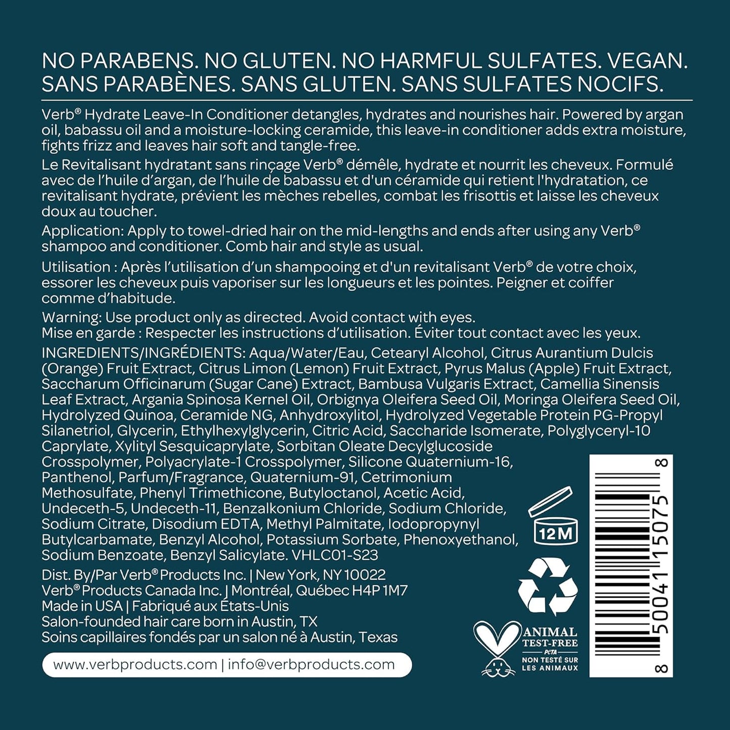 VERB Hydrate Leave-In Conditioner, 6.5 fl oz – Nourish Dry + Frizzy Hair - Smooth + Detangle - Amber + Warm Jasmine Scent