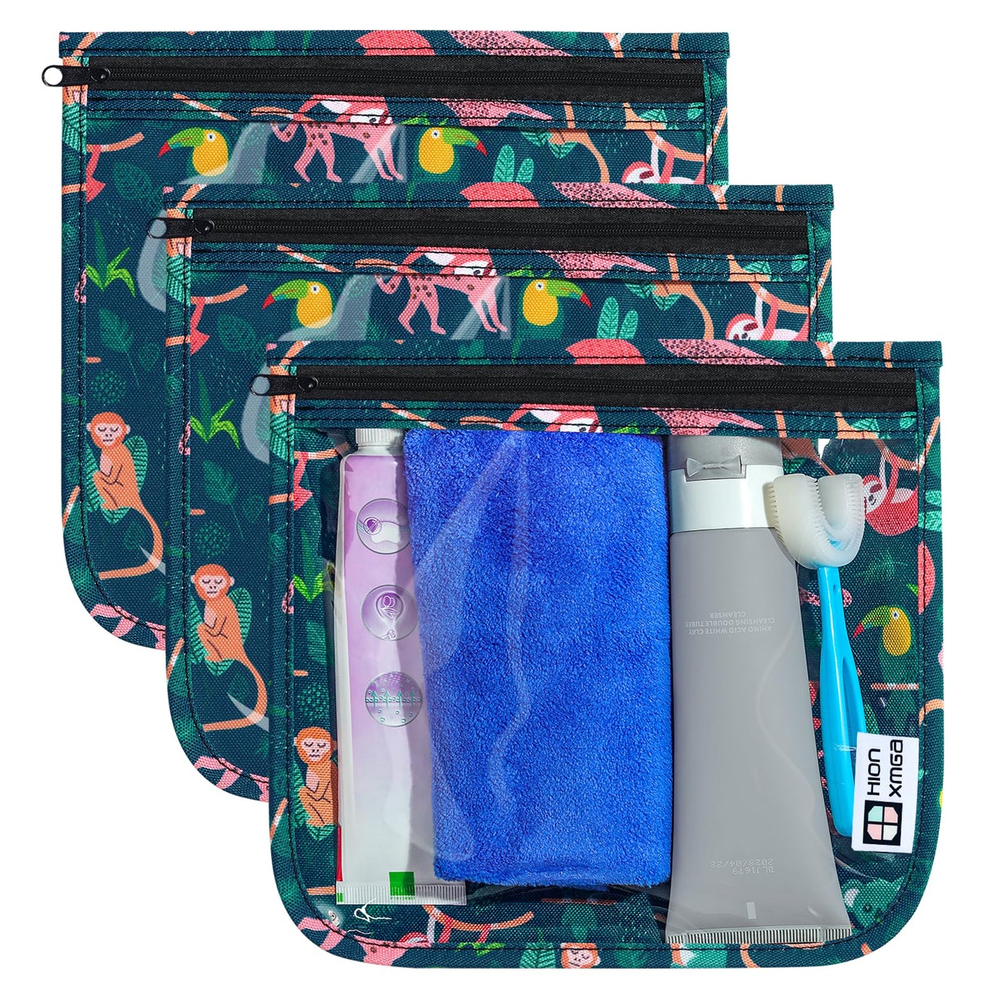 HIONXMGA TSA Approved Toiletry Bag, Set of 3 Clear Travel Toiletry Bag Quart Size Zipper Travel Pouch, Waterproof Makeup Cosmetic Bag for Women Men Kids Toiletries Carry on, Jungle Large