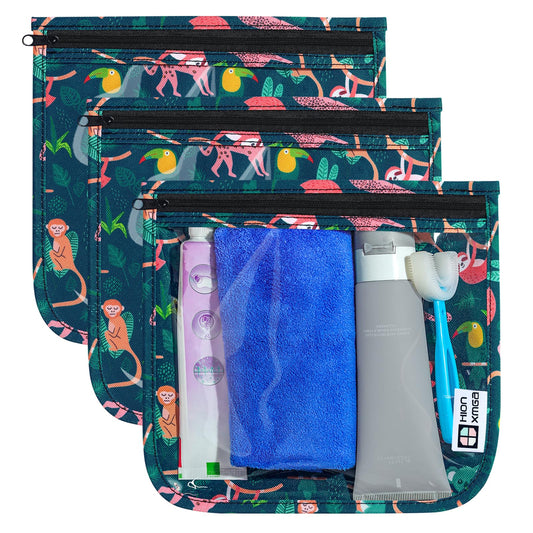 HIONXMGA TSA Approved Toiletry Bag, Set of 3 Clear Travel Toiletry Bag Quart Size Zipper Travel Pouch, Waterproof Makeup Cosmetic Bag for Women Men Kids Toiletries Carry on, Jungle Large