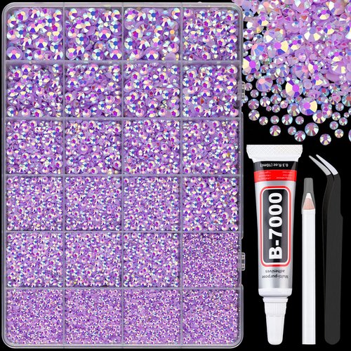 25000Pcs Resin Rhinestones for Crafting, Lavender Purple AB 2-6mm Mixed Sizes Non Hotfix Flatback Gems with 1Pcs Glue, Bedazzling Crystal for DIY Craft Clothing Mugs Tumblers Shoes Decor Nail Art