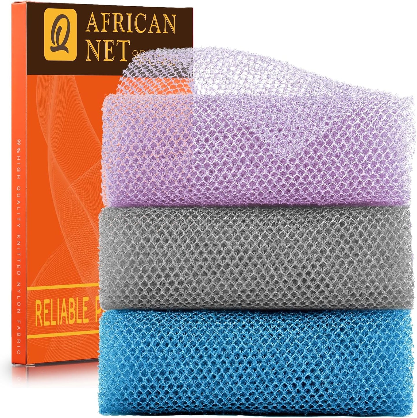 UJFQBH African Exfoliating Net - 3-Piece Bath Sponge Set for Smooth Skin | Purple, Gray, Blue