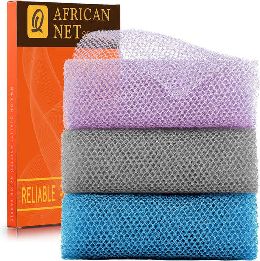 UJFQBH African Exfoliating Net - 3-Piece Bath Sponge Set for Smooth Skin | Purple, Gray, Blue