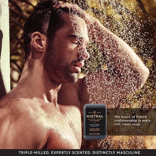 Mistral Black Amber Luxury Bar Soap for Men - Natural, Moisturizing & Paraben-Free | 8.8 oz Made in France
