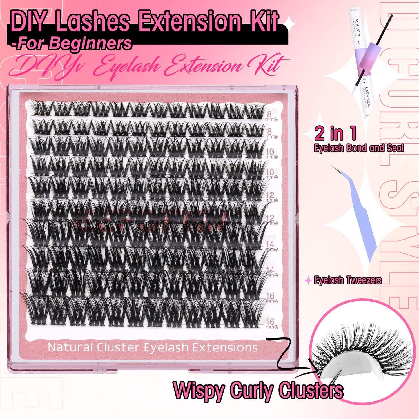 Eefofnn Eyelash Extension Kit Natural Cluster Lashes Kit with Bond and Seal Applicator Tweezers CC Curl Cluster Eyelash Extensions Fluffy Individual Eyelashes Kit 8-16mm Wispy Lashes Extensions