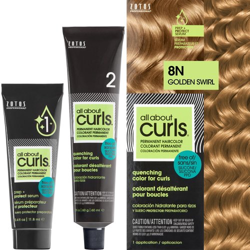 All About Curls 8N Golden Swirl Permanent Hair Color (Prep + Protect Serum & Hair Dye for Curly Hair) - 100% Grey Coverage, Nourished & Radiant Curls