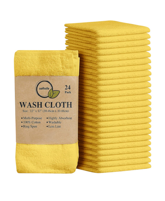 Softolle 100% Cotton Ring Spun Wash Cloths – Bulk Pack of Washcloths – 12x12 Inches – Wash Cloth for Face, Highly Absorbent, Soft and Face Towels (Yellow, 24 Pack)