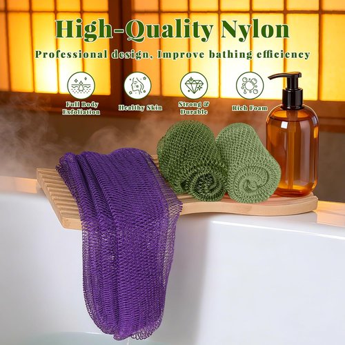 African Net Sponge | Authentic Exfoliating Bath Scrubber Set - 3 Pieces for All Skin Types (Dark Green, Light Green, Purple)