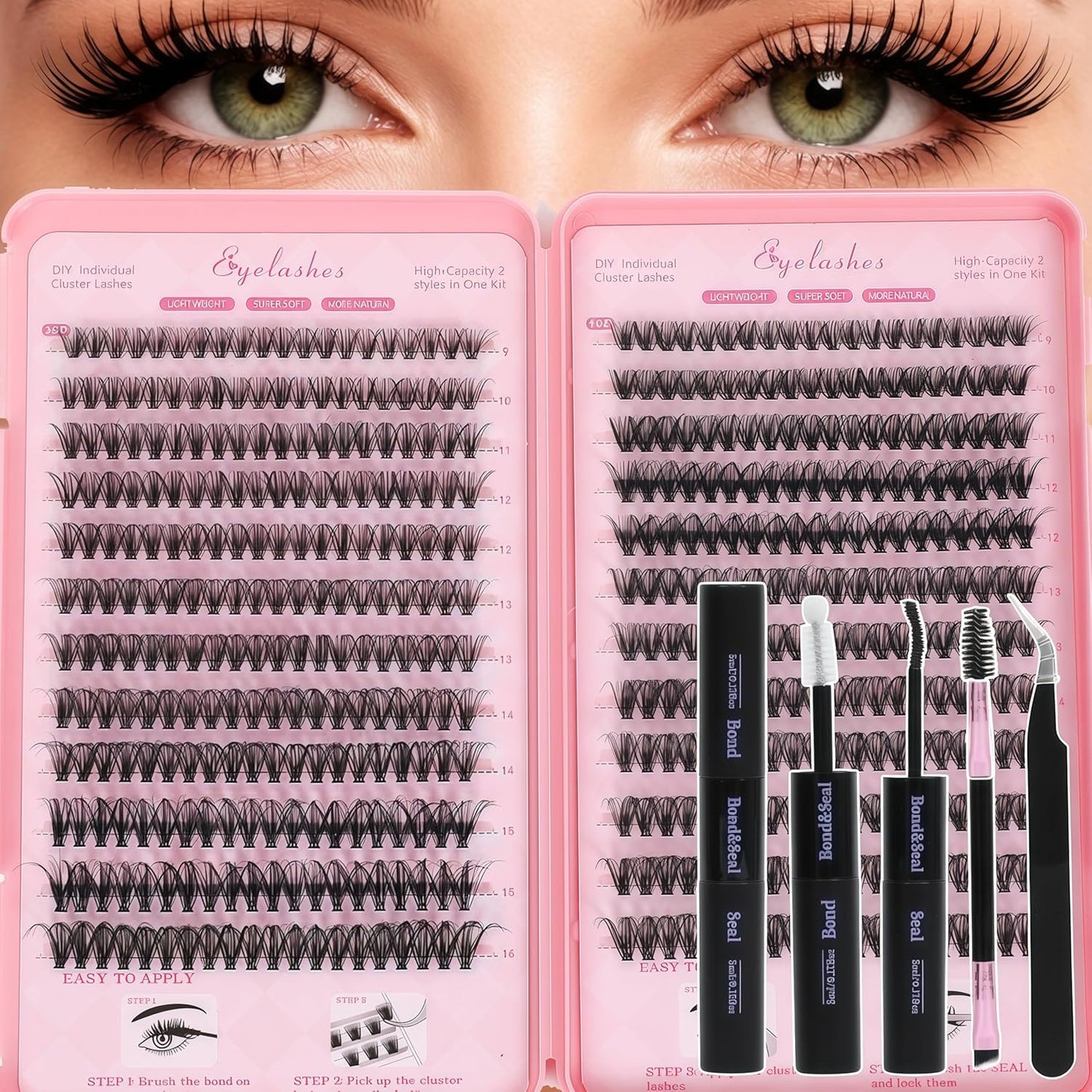 Skiennix Eyelash Clusters Kit - Fluffy Wispy Individual Lash Extensions with Bond Seal & Tweezers | 30D+40D, 9-16mm