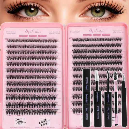 Skiennix Eyelash Clusters Kit - Fluffy Wispy Individual Lash Extensions with Bond Seal & Tweezers | 30D+40D, 9-16mm