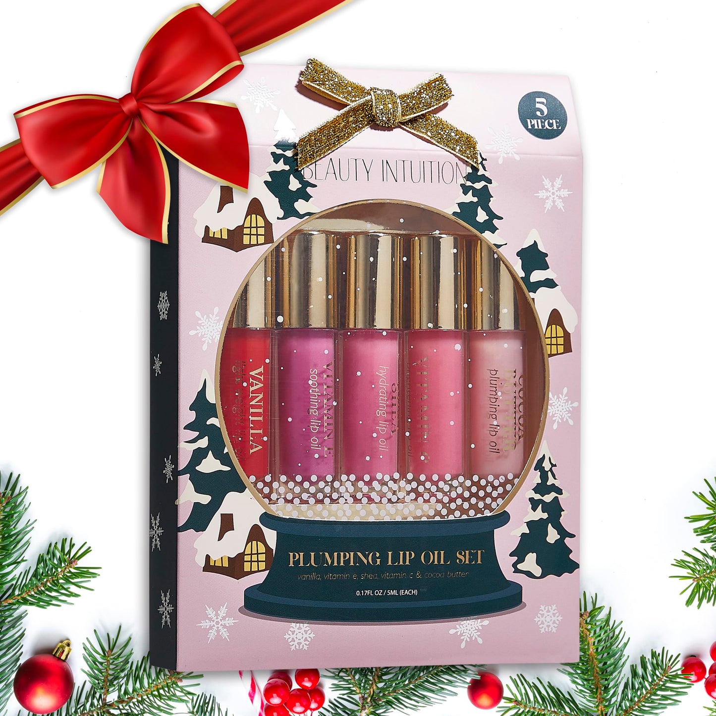 Enchante Beauty Intuition 5-Piece Plumping Lip Oil Set - 5ML Each | Lightweight, Hydrating and Soothing with Elegant Embossing