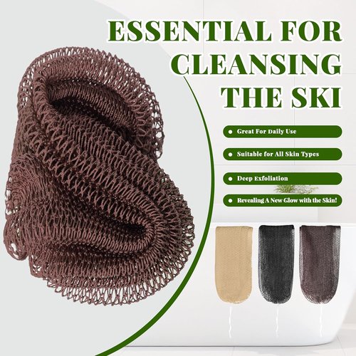 African Net Sponge | Authentic Exfoliating Scrubber Bath Sponge Set - 3 Pieces for All Skin Types (Linen, Brown, Black)