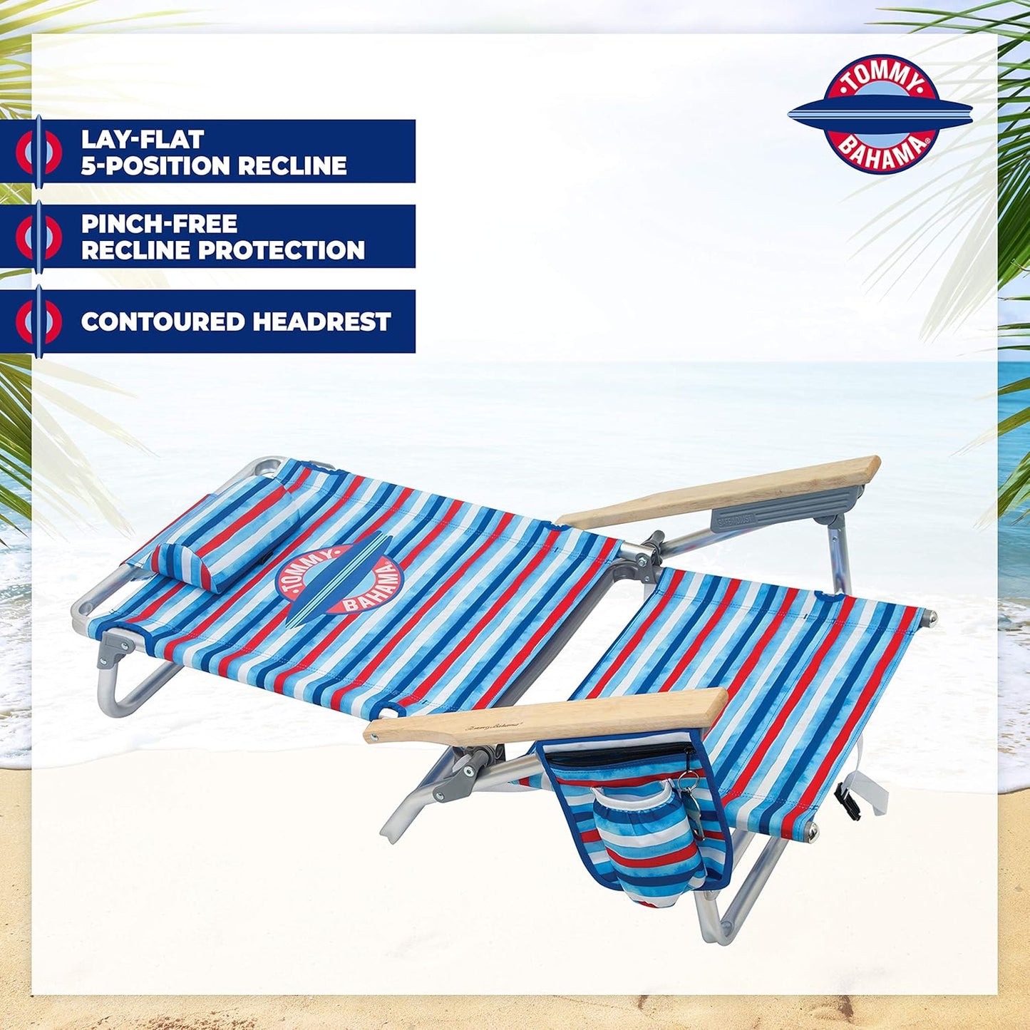 Tommy Bahama Folding Beach Chair - 5-Position Lay Flat Design | Aluminum Frame, Red, White & Blue Stripe