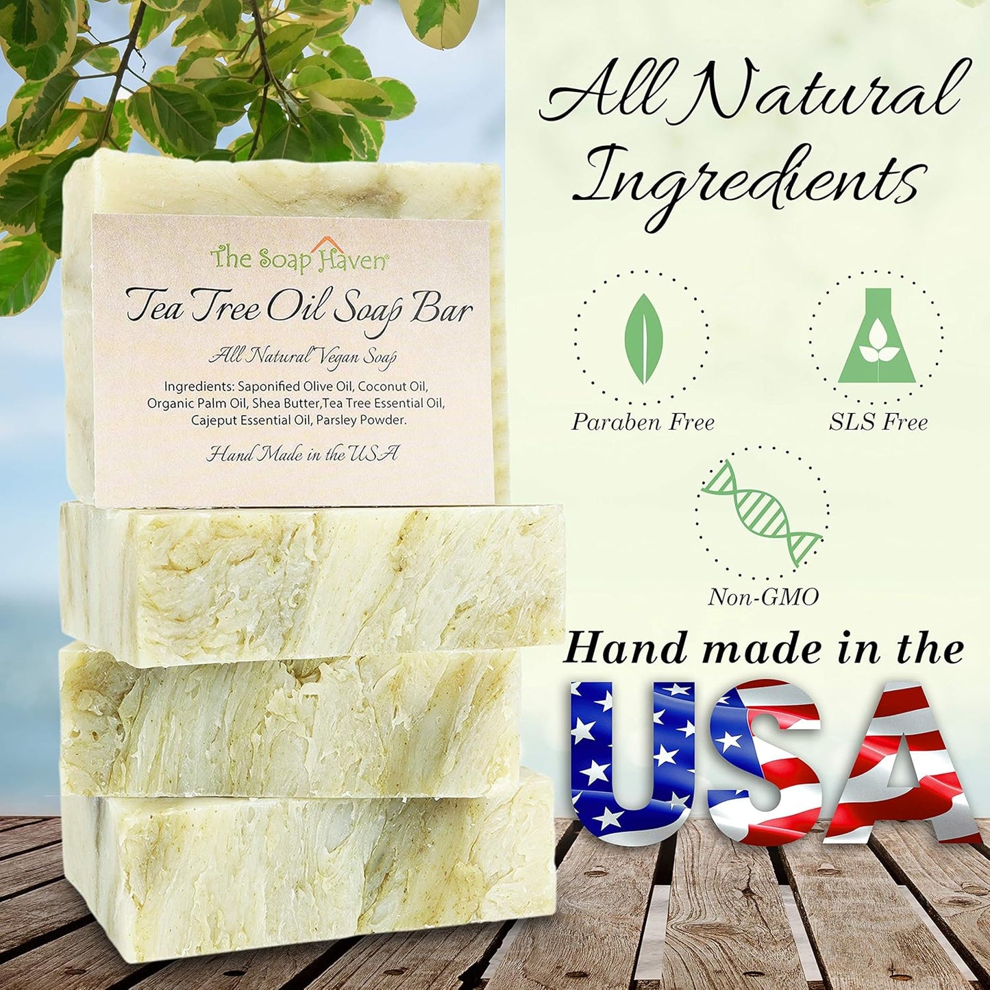 Tea Tree Soap Bar | Handmade Natural Tea Tree Oil Soap - Fights Blemishes & Odor - 4 Large 4.5 oz Bars