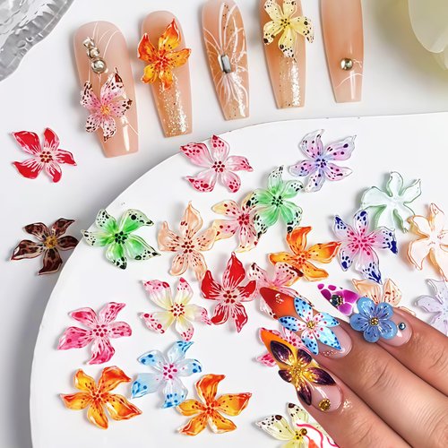 SHUXILIN 60PCS Flower Nail Art Charms 3D Hawaii Flowers Nail Rhinestones Hibiscus Floral Nail Gems Colorful Flower Nail Diamonds Summer Nail Jewelry Tiny Flowers Nail Design for Women Nail Supplies