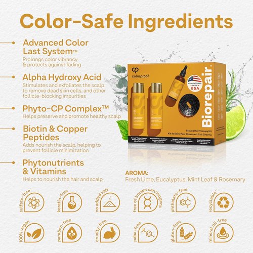 Colorproof Biorepair Hair Therapy Kit - Thicken Scalp & Hair with Shampoo, Conditioner & Serum (8.5 Fl. Oz. Each) + Exfoliating Brush