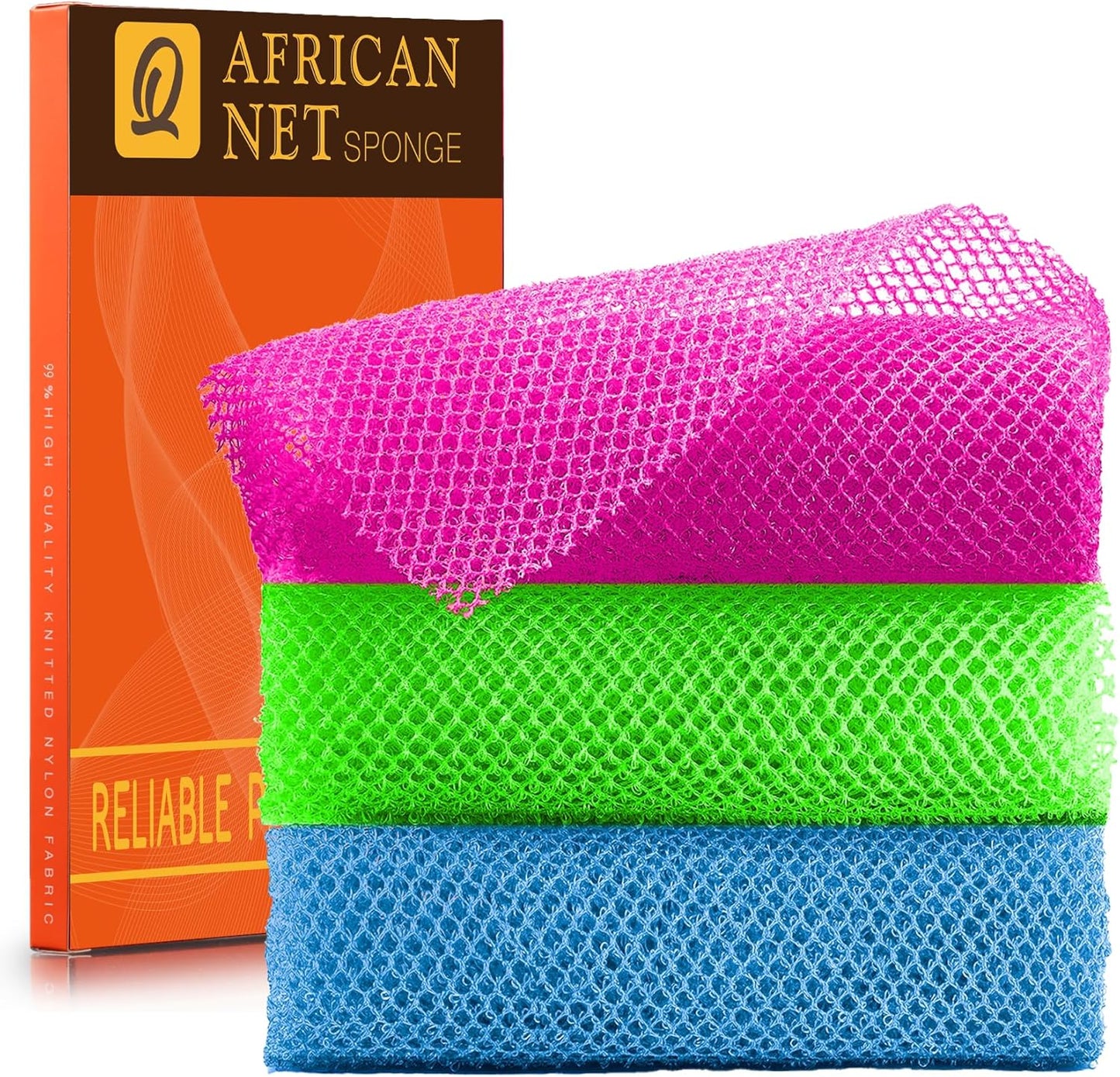 UJFQBH African Bath Sponge Set - Exfoliating Net Body Scrubber for Daily Use | 3 Pieces in Rose Red, Blue, Green