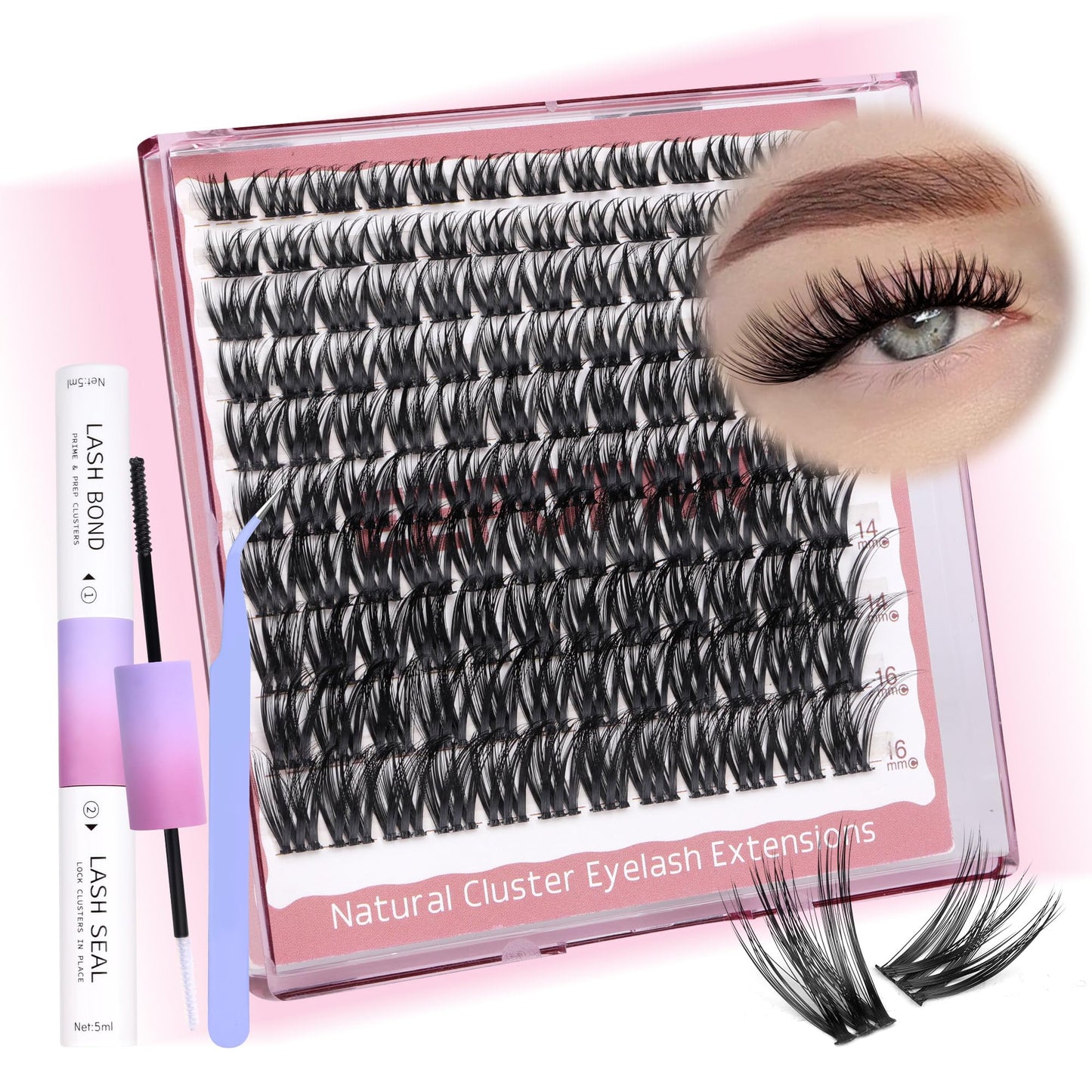 Eefofnn Eyelash Extension Kit Natural Cluster Lashes Kit with Bond and Seal Applicator Tweezers CC Curl Cluster Eyelash Extensions Fluffy Individual Eyelashes Kit 8-16mm Wispy Lashes Extensions