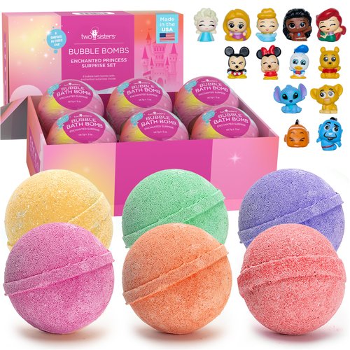 Princess Bath Bombs for Girls with Surprise Toys Inside (6 Pack) – Large Fizzy Bubble Bath Bomb for Kids - Princess, Mermaid, Fairytale Bath Toys – Fruity Scent, Skin-Safe, Made in USA by Two Sisters