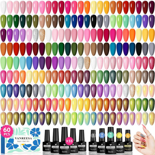 VANREESA 60 Pcs Gel Nail Polish Set, 55 Colors Gel Polish with Base Coat & 4 Effects Top Coat Full-Color Nail Polish Set All Seasons Nail Kit Gifts for Women Girls Nail Salon at Home