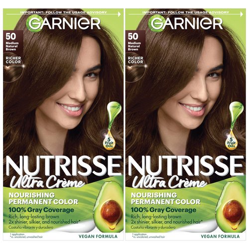 Garnier Nutrisse Ultra Crème Hair Color, Permanent Hair Dye with 100% Gray Coverage, Vegan & Cruelty-Free, 50 Medium Natural Brown (Truffle), 2 Count