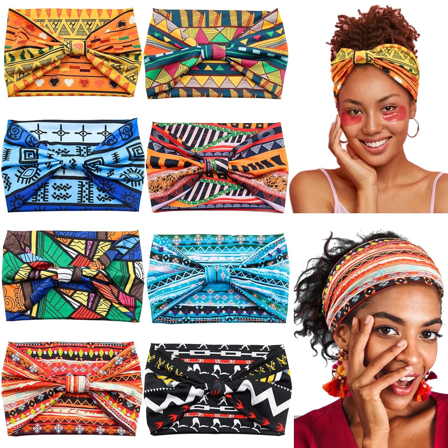 Yeshan Women's Wide Boho Knotted Non-Slip Turban Headwraps - Stretchy Bandeau Hair Bands for Sports, Yoga, Workouts, Pack of 8