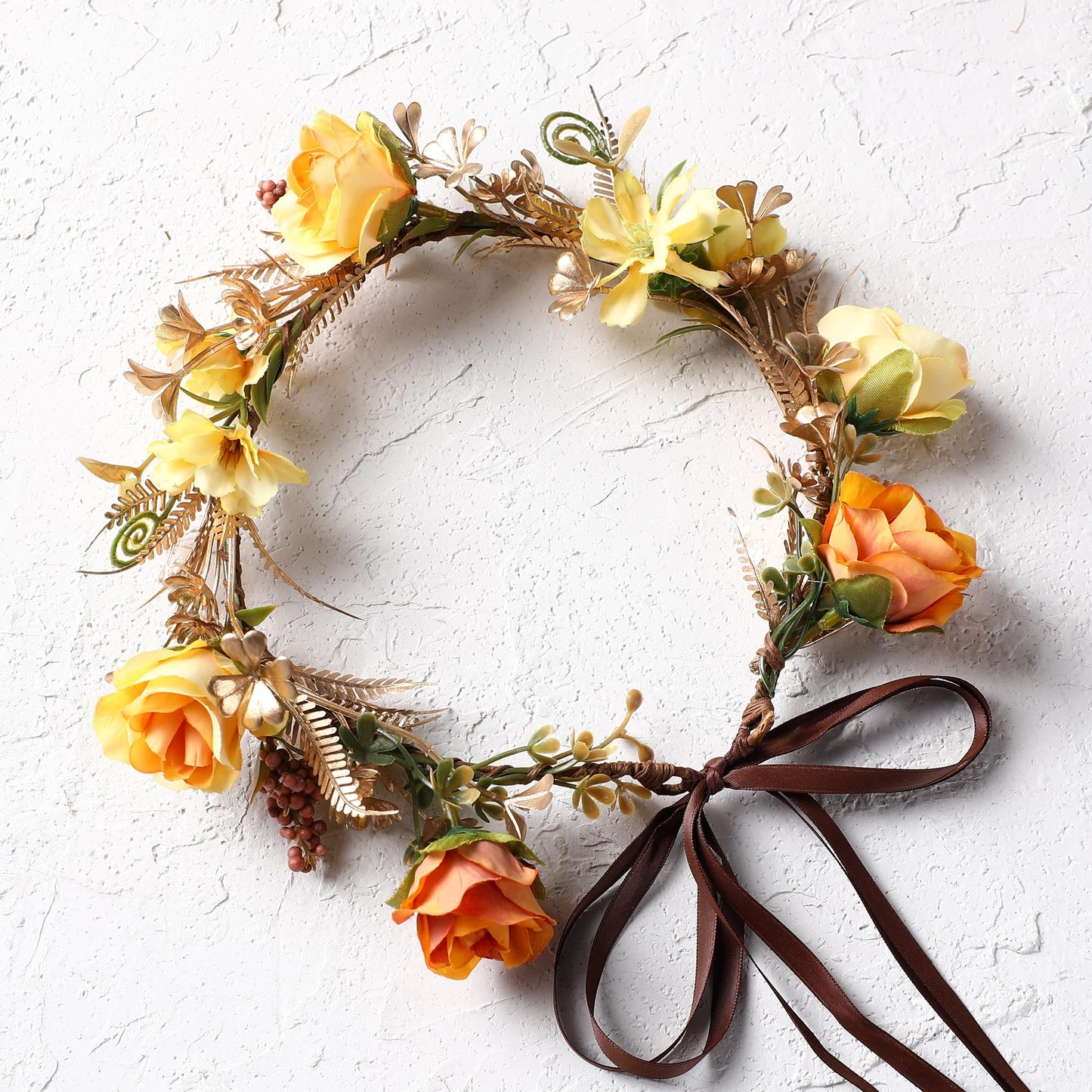 KorViSHOW Fairy Rose Flower Crown - Golden Leaves Autumn Yellow Flower Headband Fashion Boho Bridal Floral Headpiece Women Girls Vacation Party Festival Photo Prop