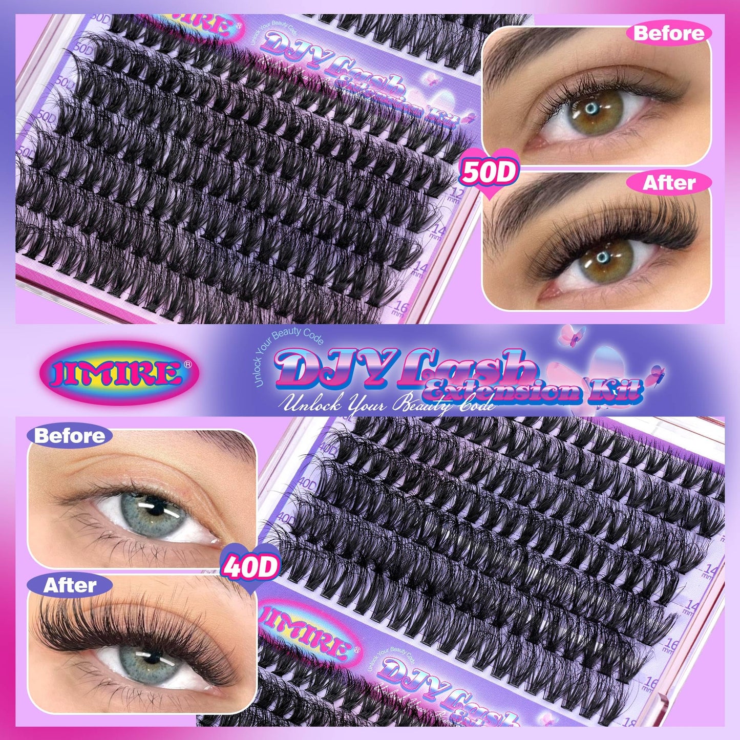 JIMIRE Fluffy Lash Clusters Kit 280Pcs Eyelash Extension Kit with Lash Bond and Seal D Curl 10-18MM Individual Lashes Wispy 40D+ 50D DIY Lash Clusters Eyelash Extensions at Home