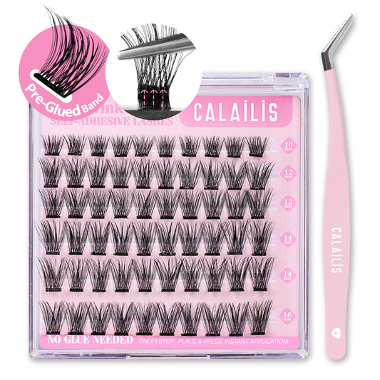 CALAILIS Self Adhesive Eyelashes 60Pcs Lash Clusters Press On Lashes, No Glue Needed Reusable DIY Eyelash Extensions Kit Pre Glued Eyelash Clusters with Lash Tweezers(003,D-10-16mix)