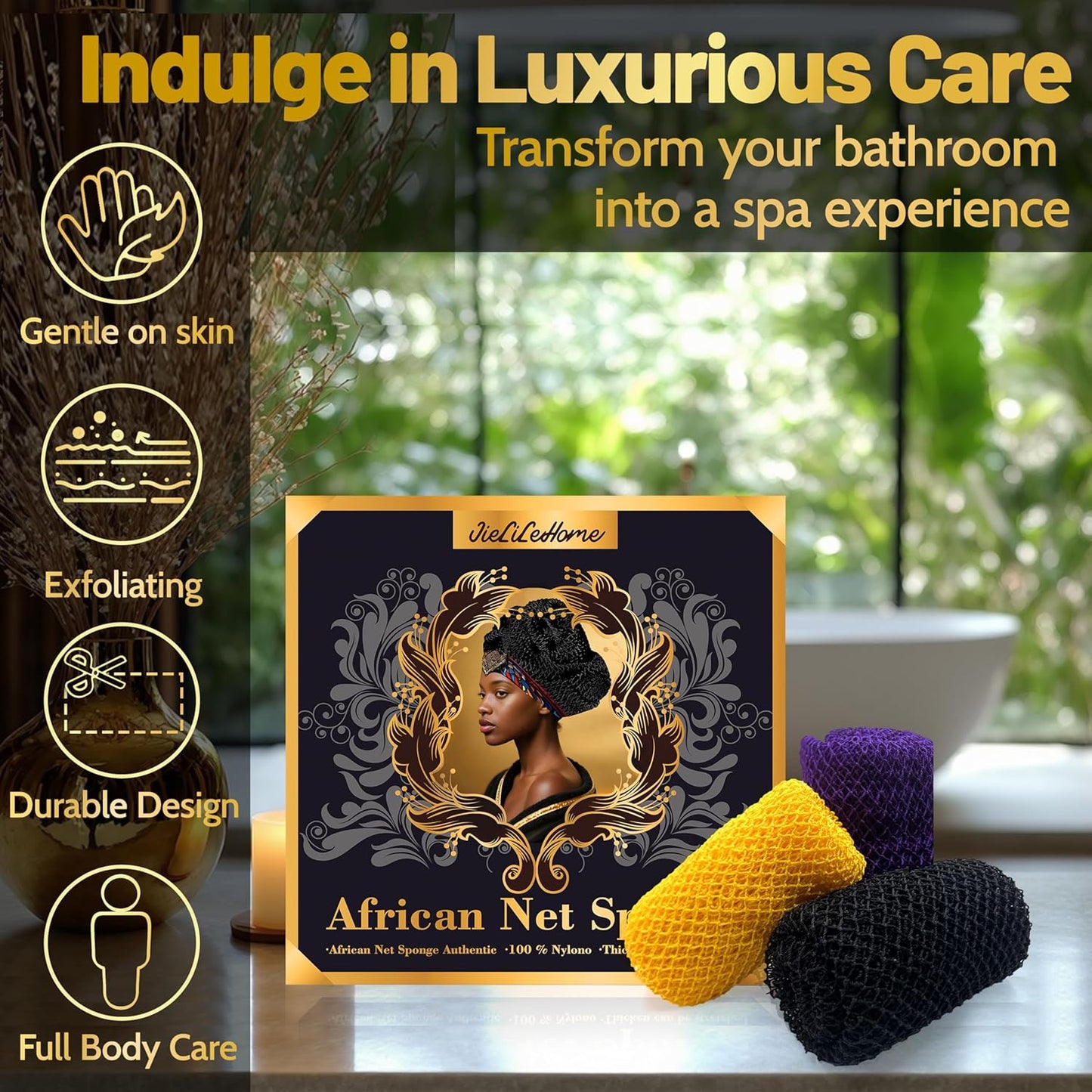 Skiennix African Net Sponge - 3-Pack Exfoliating Loofah Body Scrubber | Black, Yellow, Purple
