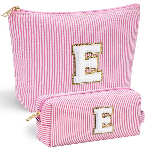 YOOLIFE Personalized Makeup Bag for Women - Monogram Cosmetic Bag Travel Toiletry Bag Brush Holder Birthday Gifts for Women Her Wedding Bridesmaid Friend Sister Teacher Wife Grandma Pink Initial E