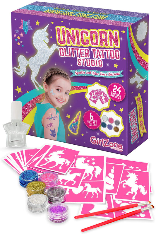 GirlZone Unicorn Glitter Tattoo Studio, Easy To Use and Skin-Safe Kids Temporary Sparkle Tattoos for Creative Playtime, Fun Party Crafts for Kids