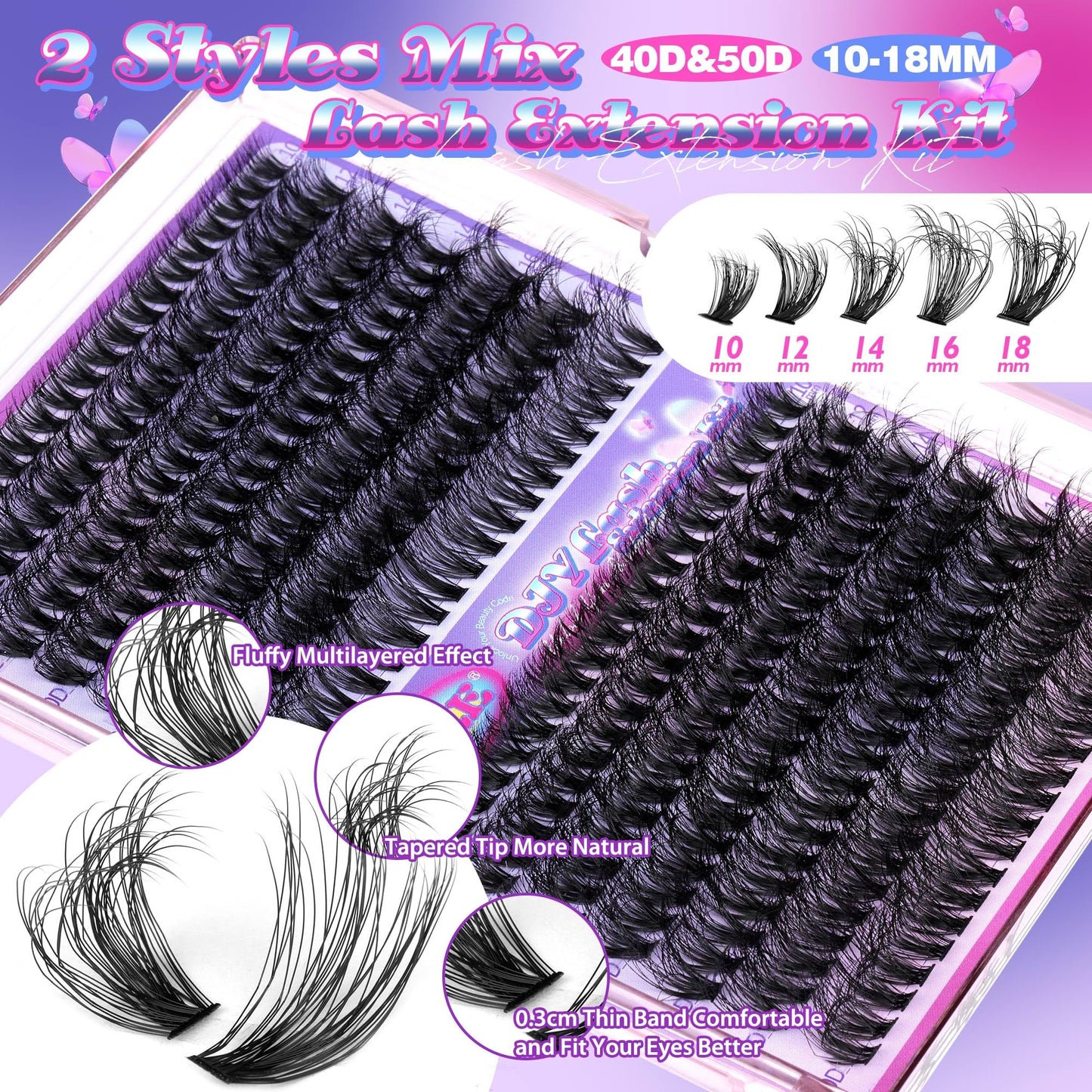 JIMIRE Fluffy Lash Clusters Kit 280Pcs Eyelash Extension Kit with Lash Bond and Seal D Curl 10-18MM Individual Lashes Wispy 40D+ 50D DIY Lash Clusters Eyelash Extensions at Home