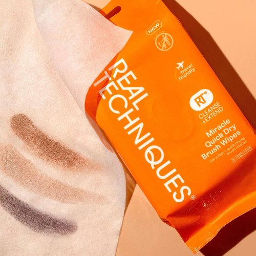 Real Techniques Miracle Quick Dry Brush Wipes - Fast-Drying Makeup Brush Cleaner, 20 Count | Travel-Friendly & Vegan