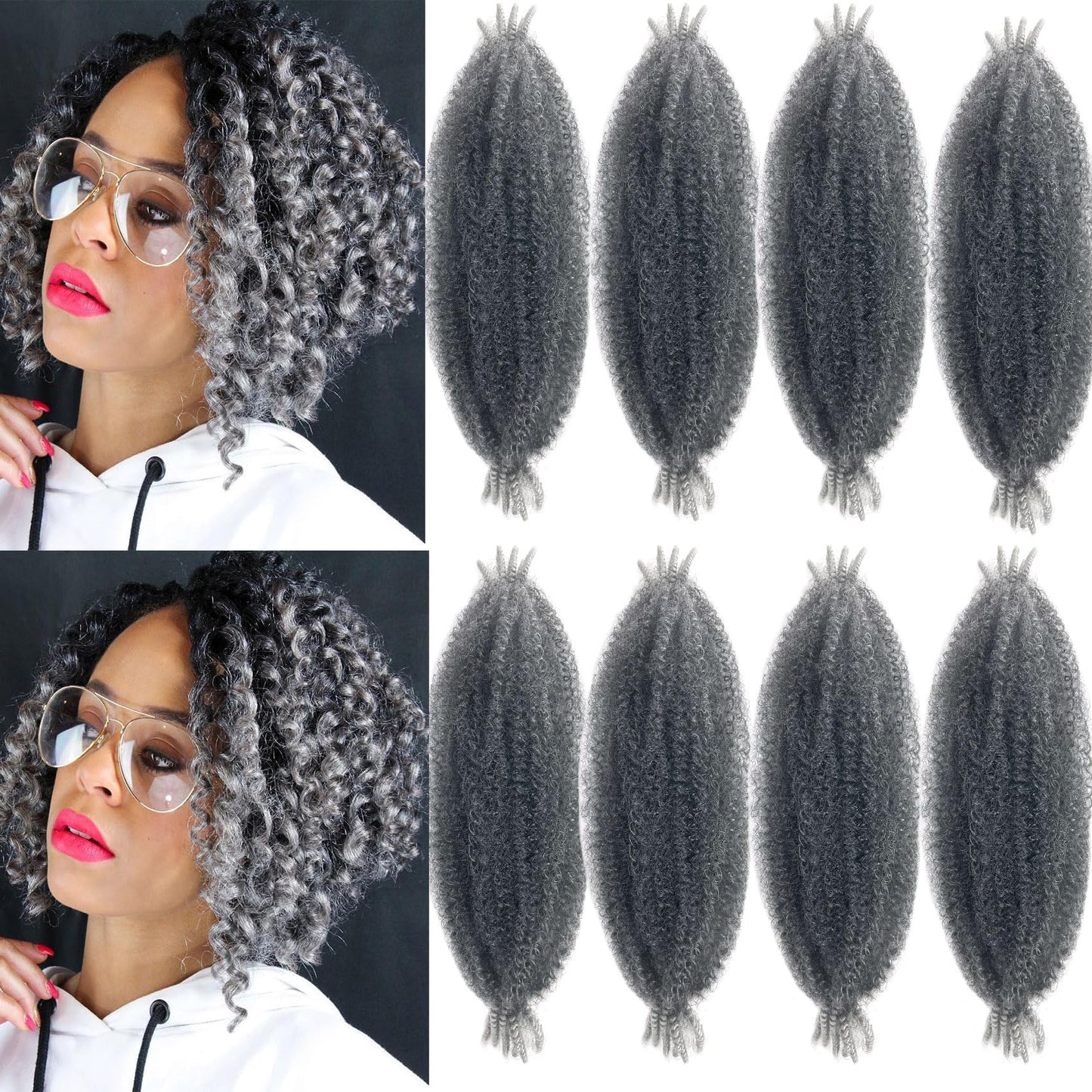 8Packs Pre-Separated Springy Afro Twist Hair 18Inch Kinky Braiding Hair Soft Marley Twist Braiding Hair Ombre Grey Crochet Hair for Black Women (8Packs,TGrey#)