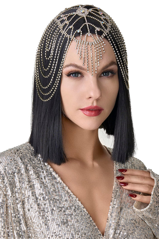 BABEYOND Vintage Style Roaring 20s Crystal Rhinestone Flapper Cap Headpiece Head Jewelry Chains (Gold)