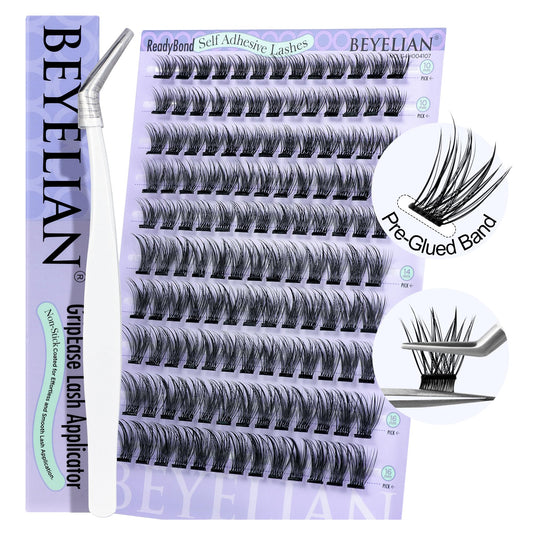 BEYELIAN Press On Lashes, Self Adhesive Eyelashes D+ Curl, 130 Pcs No Glue Lashes Press On Lashes, No Sticky Reusable Cluster Lashes with Applicator, Easy to Apply for Beginners 10-16mm (Y06)