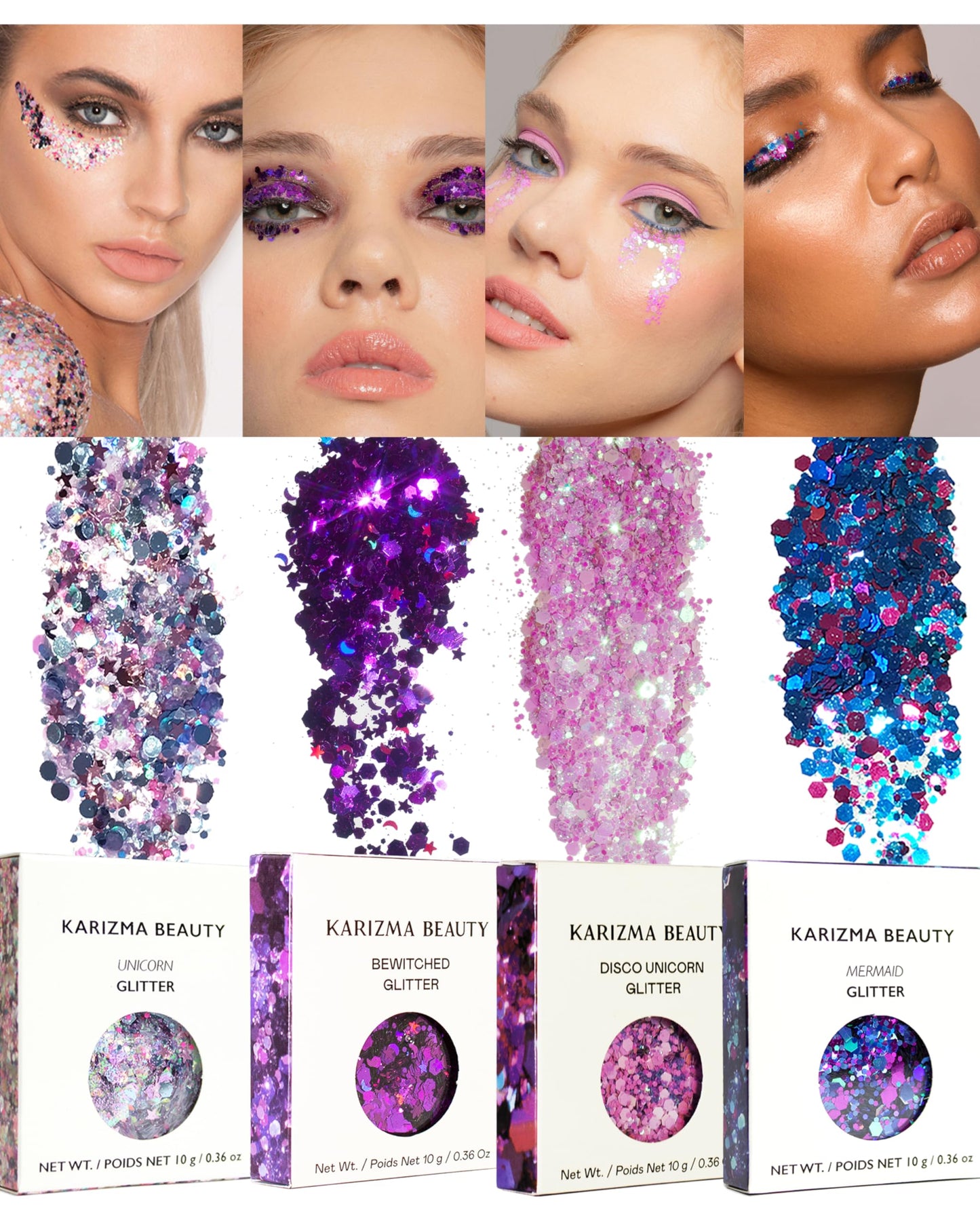 KARIZMA Enchanted Glitter Pack! 4x 10g Chunky Face Glitter, Hair Glitter, Eye Glitter and Body Glitter for Women and Men. Rave Glitter, Festival Accessories and Cosmetic Glitter Makeup.