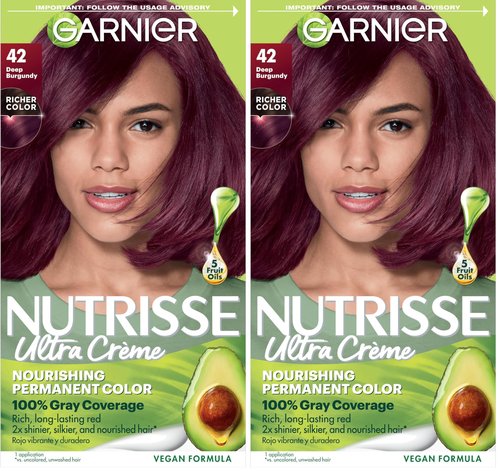 Garnier Nutrisse Ultra Crème Hair Color, Permanent Hair Dye with 100% Gray Coverage, Vegan & Cruelty-Free, 42 Deep Burgundy (Black Cherry), 2 Count
