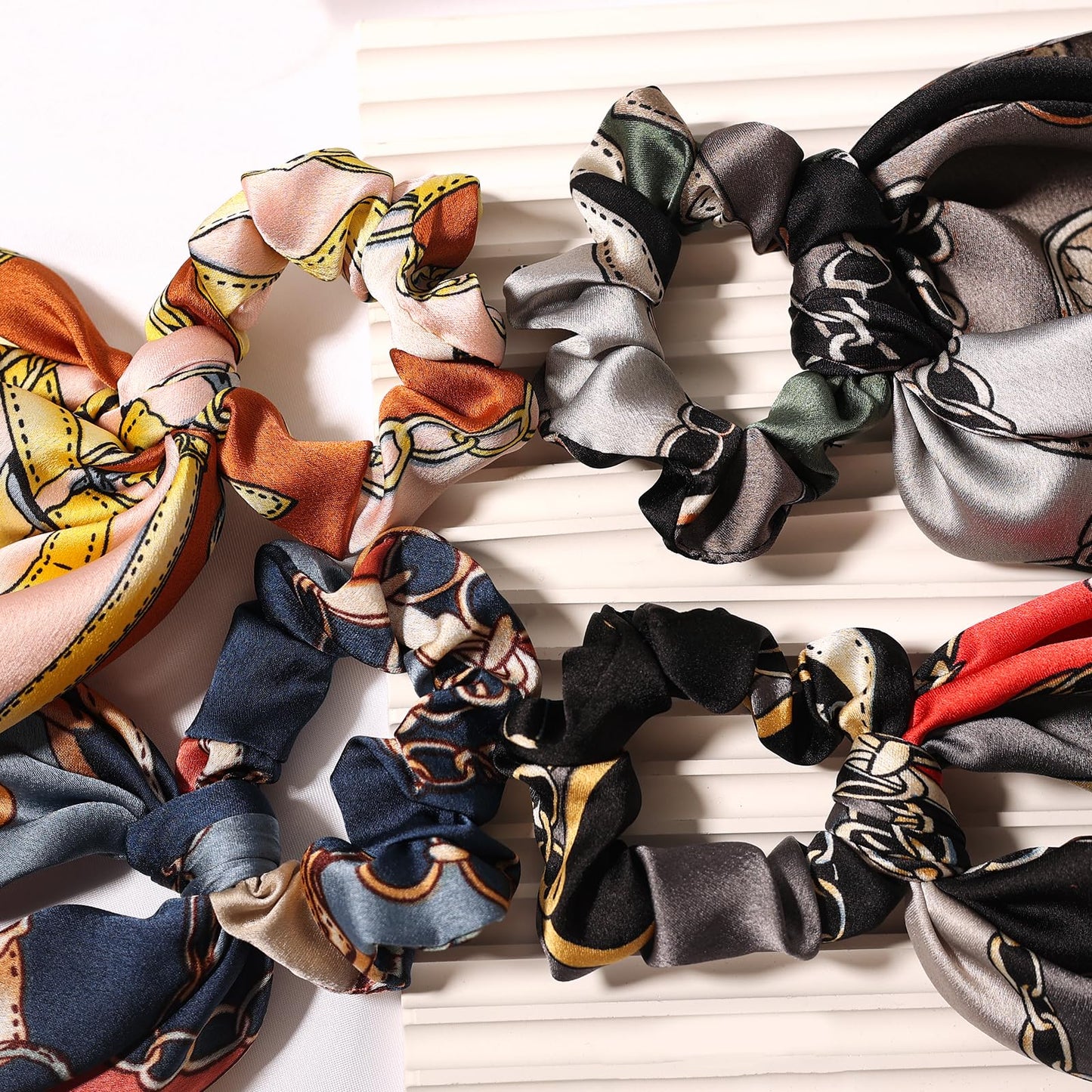 LFOUVRE 4pcs Chain Satin Hair Accessories - Ribbon Scrunchies with Long Tails, Knotted Hair Bands and Elastic Ties for Girls