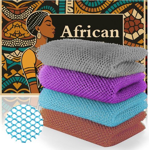 African Bath Sponge | 4-Piece Exfoliating Net Scrubber for Glowing Skin - Gentle Daily Use (Brown, Blue, Purple, Gray)