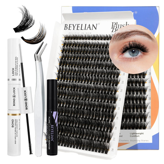 BEYELIAN DIY Lash Extension Kit 3D Fluffy Lash Clusters Kit with 9-18mm 280 Pcs 80D Cluster Eyelash Extensions, Lash Bond and Seal, Lash Remover and Lash Tweezers for Self Use at Home