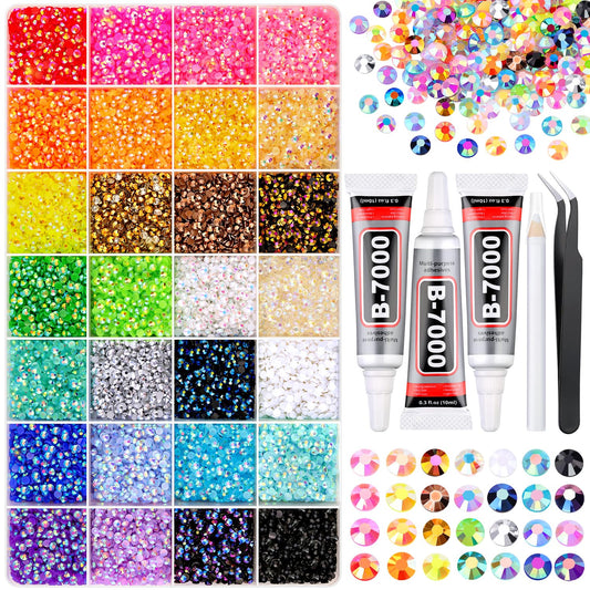 Resin Rhinestones for Bedazzling Kit, 34000Pcs Mixed-Color 3mm Bedazzled Crystal with 3Pcs 10ml B7000 Jewelry Glue, Flatback Gems for DIY Crafts Clothing Nail Art Makeup