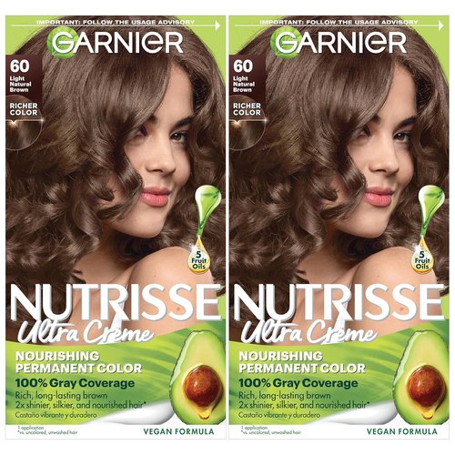 Garnier Nutrisse Ultra Crème Hair Color - Permanent Vegan Hair Dye with 100% Gray Coverage | 60 Light Natural Brown (Acorn), 2 Count