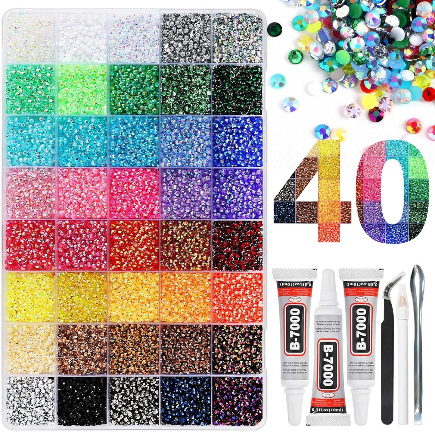 Bedazzling Kit with Resin Rhinestones, 32,000 pcs 40 Colors 3 mm Flatback Jelly Gems Bedazzler Set & B7000 Glue, DIY Nails, Shoes, Mugs, Books, Crafts & Diamond Art
