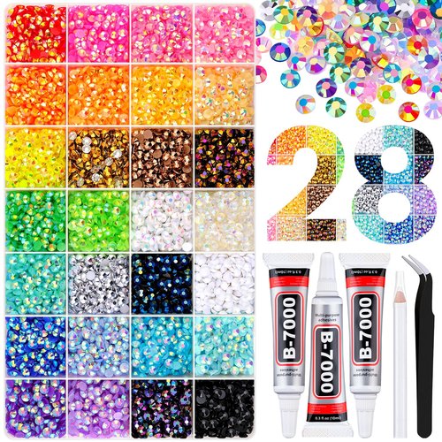 8500Pcs Resin Rhinestones with Tweezers for Crafting, Mixed-Color 5mm Bedazzling Crystal with 3Pcs 10ml B7000 Jewelry Glue for DIY Crafts Clothing Tumblers Shoes Fabric Nail Art