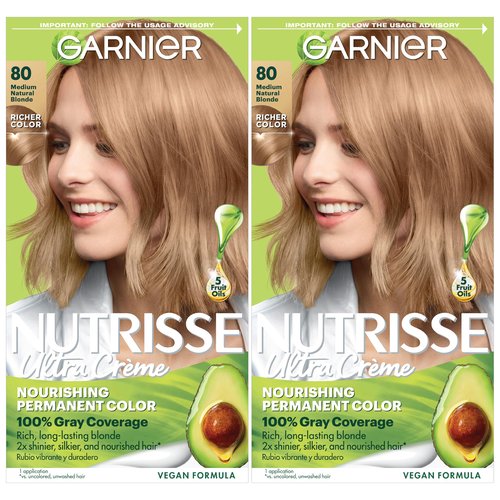 Garnier Nutrisse Ultra Crème Hair Color, Permanent Hair Dye with 100% Gray Coverage, Vegan & Cruelty-Free, 80 Medium Natural Blonde (Butternut), 2 Count