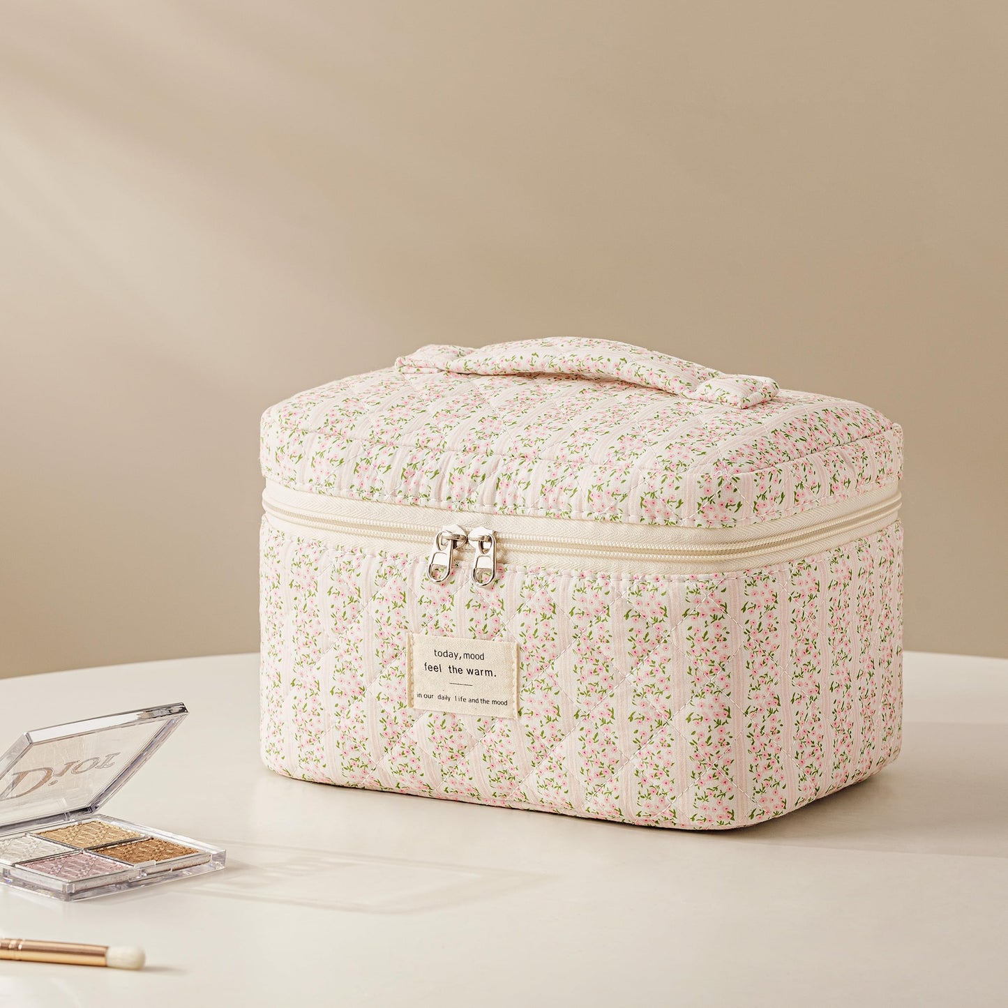 HBselect Quilted Makeup Bag, 3PCS Cotton Large Travel Makeup Bag, Cute Floral Coquette Make up Bag Cosmetic Bag Toiletry Bag for Women Girls