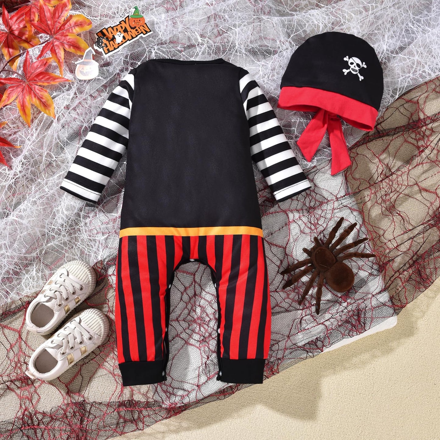 3-6 Months Infant Baby Boys Halloween Outfit Skull Clothes Stripe Long Sleeve Bodysuit with Hat