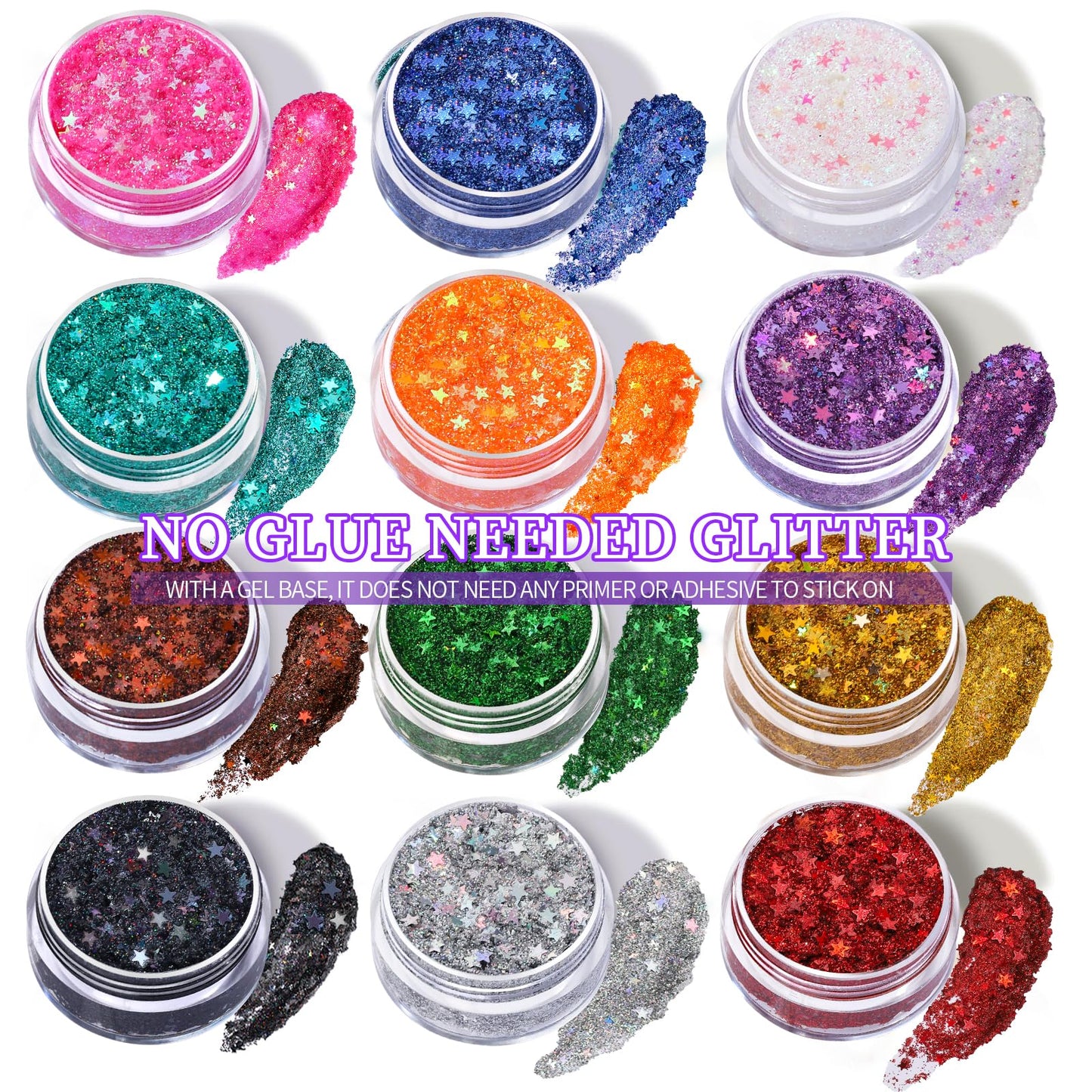 Teenitor Face Glitter Gel Set, No Glue Body Glitter, Festival Makeup Glitter for Face, Body, Hair, Total 120g/4.23oz, 12 Color