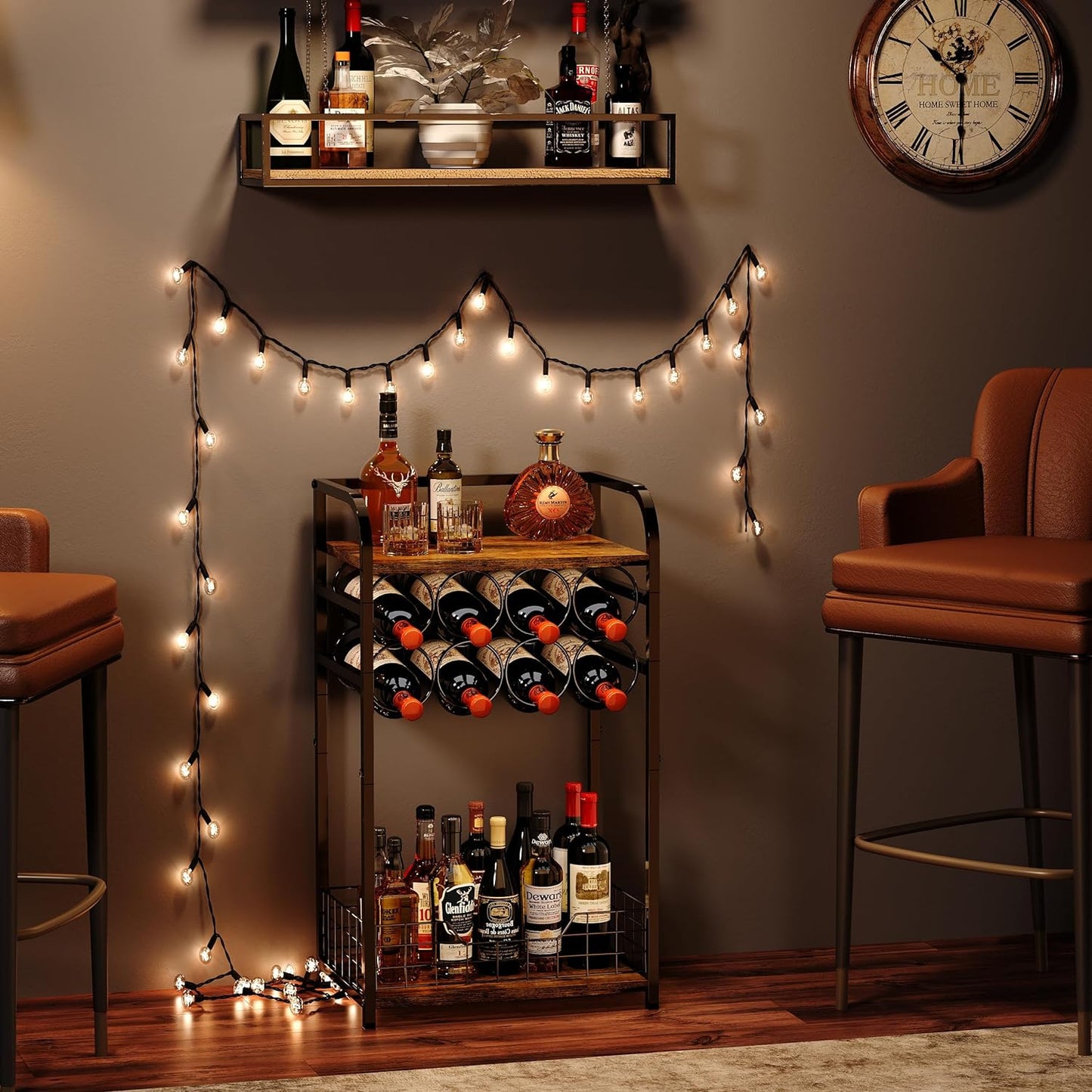 3-Tier Wine Bar Table: Small Liquor Bottle Holder with 8-Bottle Wine Rack Mini Wine Bar Cabinet Corner Whiskey Display Shelf Floor Liquor Storage Bar for Home Living Room